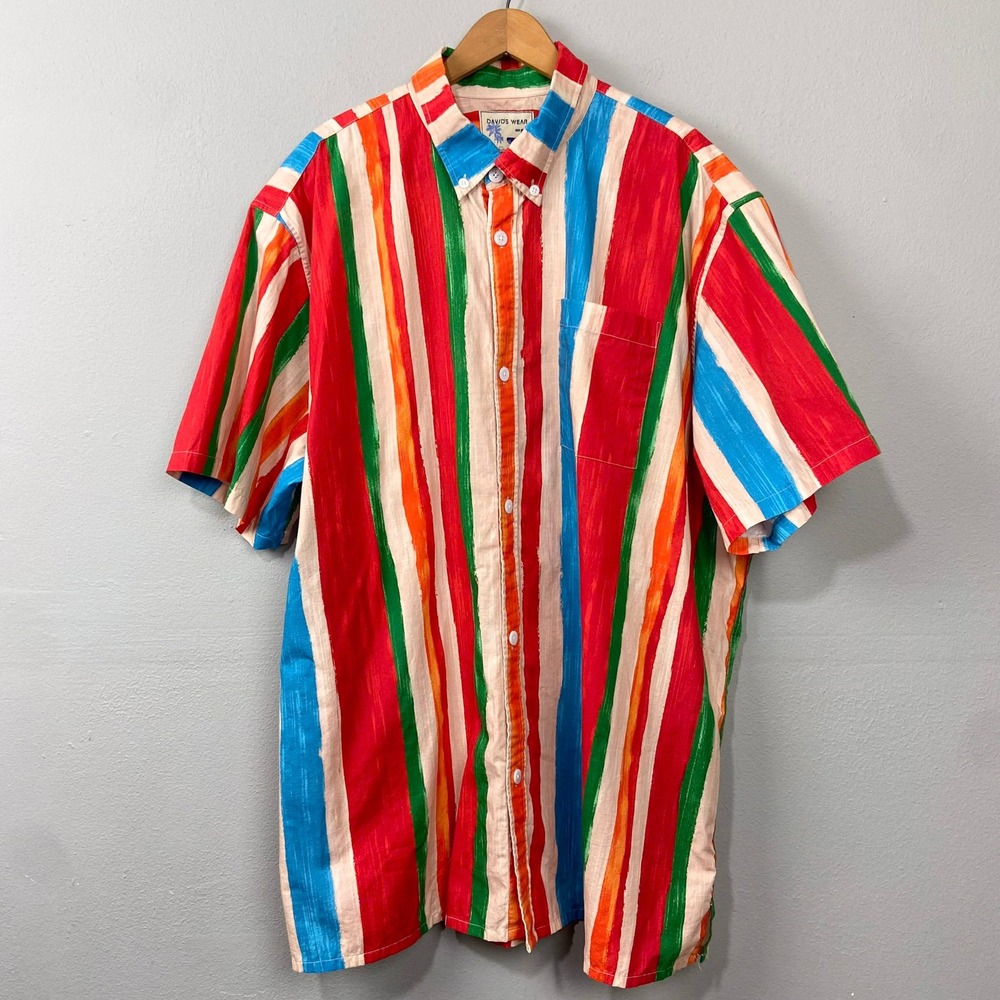 Vintage David's Wear Striped Hawaiian Shirt XXL Colorful Retro Beach Vacation